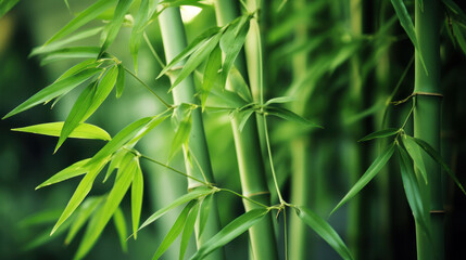 Fototapeta premium Fresh Bamboo Trees In Forest With Blurred Background