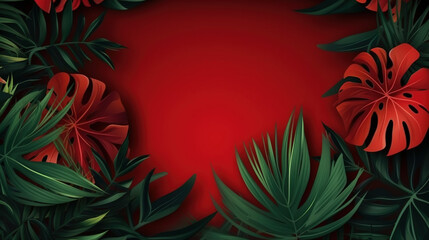 Fototapeta na wymiar Collection of tropical leavesfoliage plant in Red background. Generative Ai