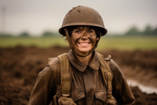 Post-apocalyptic woman in military uniform and helmet on the field