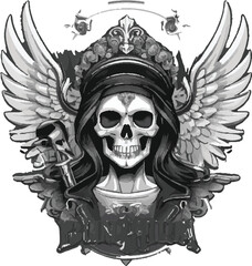 Skull woman with wings and roses. Tattoo design