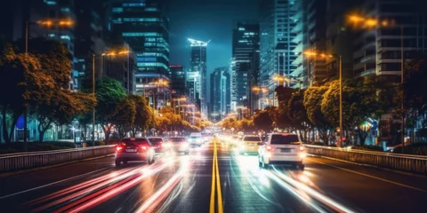Poster Cars light trails at night, Blurred urban look from fast driving car to back side at bokeh night. © bird_saranyoo