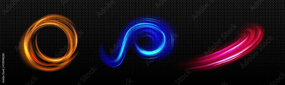 Aufkleber light waved and circular neon elements with swoosh effect. realistic vector illustration set of magi
