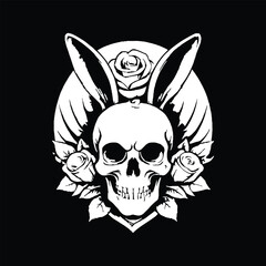 illustration of a skull with ears of a rabbit and roses