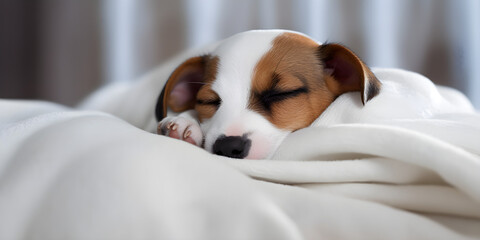 A young Jack Russell Terrier dog under a blanket. The pet is basking under the plaid. The concept of caring for pets. 