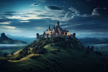 Fantasy landscape with castle on the hill at night. 3d rendering, AI Generated