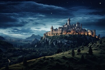 Fantasy landscape with medieval castle on the hillside at night, AI Generated