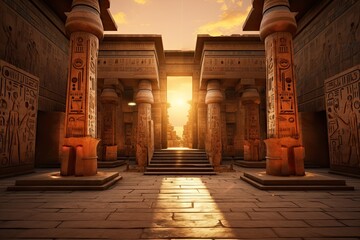 Egyptian temple at sunset with hieroglyphs. 3d rendering, AI Generated - obrazy, fototapety, plakaty
