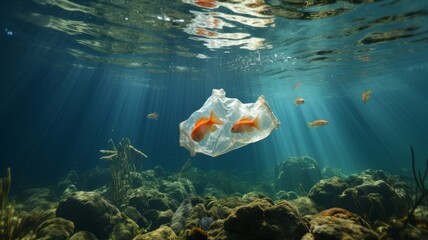 Fototapeta na wymiar Sea and pollution. Plastic bag under the sea.