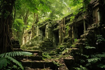 Ruins of Beng Mealea temple in Cambodia, Siem Reap, AI Generated - obrazy, fototapety, plakaty
