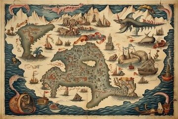 Vintage background with dragon, dragon, boat and other elements, AI Generated