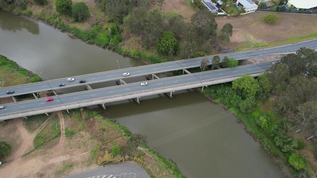 Larry Storey Bridge Crossing Logan River In Brisbane, Queensland, Australia. aerial ascending shot