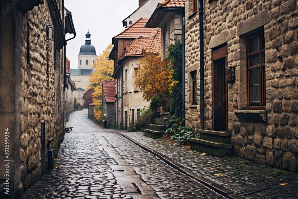 Poster medieval street with old houses in the old town of strasbourg, france, ai generated