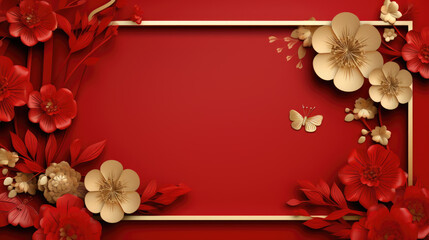Happy Chinese new year. Chinese new year banner with flowers and paper fans on red background. Greeting card.
