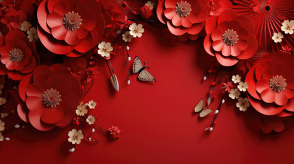 Happy Chinese new year. Chinese new year banner with flowers and paper fans on red background. Greeting card.
