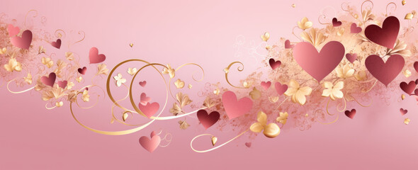 Happy valentines day greeting background , Pink and gold hearts on a pink background. on copy space