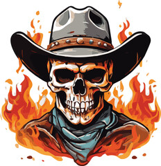 Skull in cowboy hat with red roses on fire. - obrazy, fototapety, plakaty