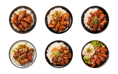 Collection plate of teriyaki chicken with rice isolated on a transparent background, top view
