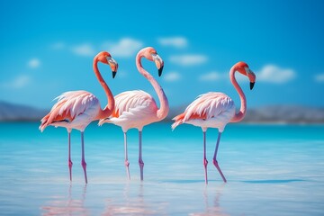 Group birds of pink african flamingos 