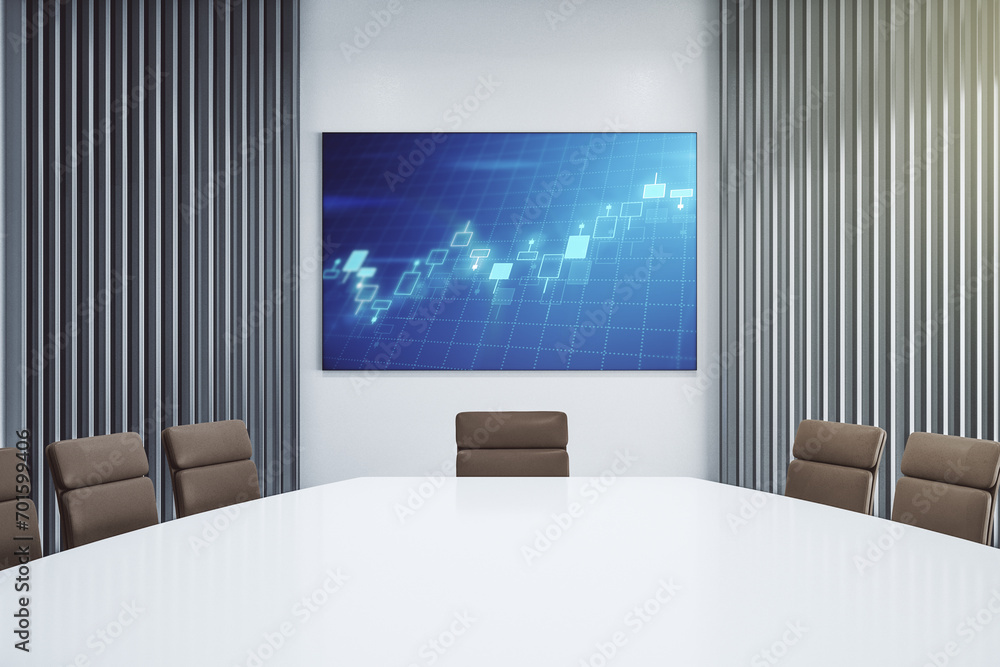 Poster abstract creative financial graph on presentation screen in a modern conference room, forex and inve