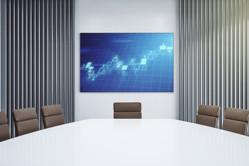 Abstract creative financial graph on presentation screen in a modern conference room, forex and investment concept. 3D Rendering