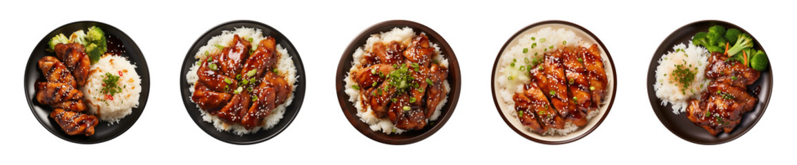 Collection plate of teriyaki chicken with rice isolated on a transparent background, top view