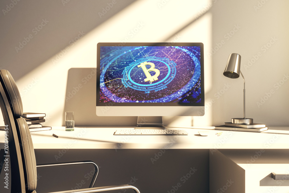 Aufkleber Modern computer monitor with creative Bitcoin symbol. Cryptocurrency concept. 3D Rendering