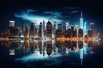 Shanghai skyline at night with reflection in Huangpu river,China, AI Generated