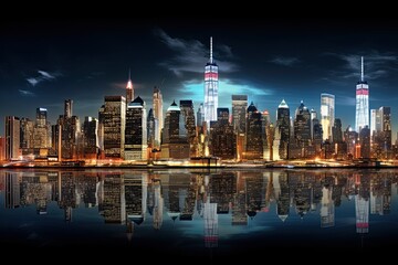 Obraz premium Shanghai skyline at night with reflection in Huangpu river, AI Generated