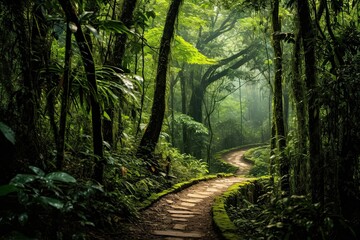 Path in the rainforest of Doi Inthanon National Park, Chiang Mai, Thailand, AI Generated - obrazy, fototapety, plakaty