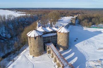 Top view of the ancient Koporye fortress on a sunny February day (aerial photography). Leningrad region, Russia