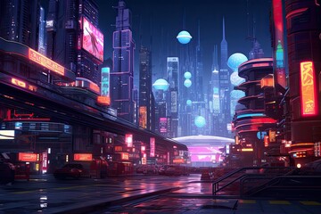 Futuristic city at night with neon lights. 3D rendering, AI Generated