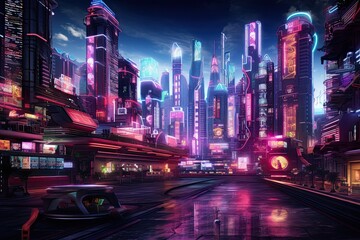 Obraz premium Futuristic city at night with skyscrapers and high-rise buildings, AI Generated