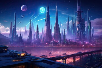night scene of the modern city,futuristic city and road, AI Generated