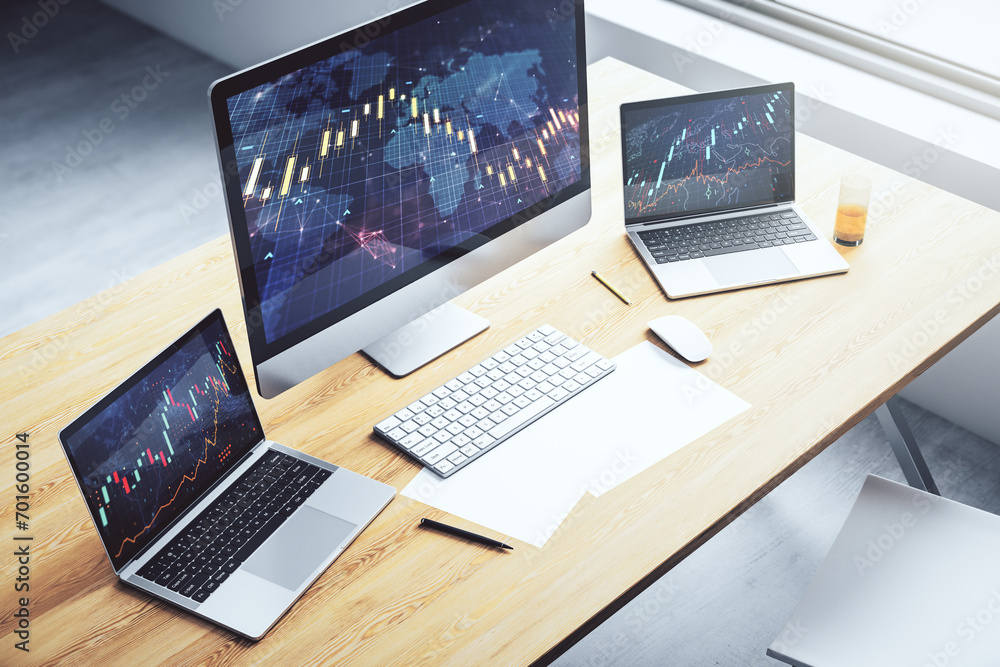 Poster abstract creative financial diagram with world map on modern computer monitor, banking and accountin