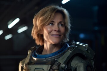 Portrait of mature woman in cosmonaut suit in dark space