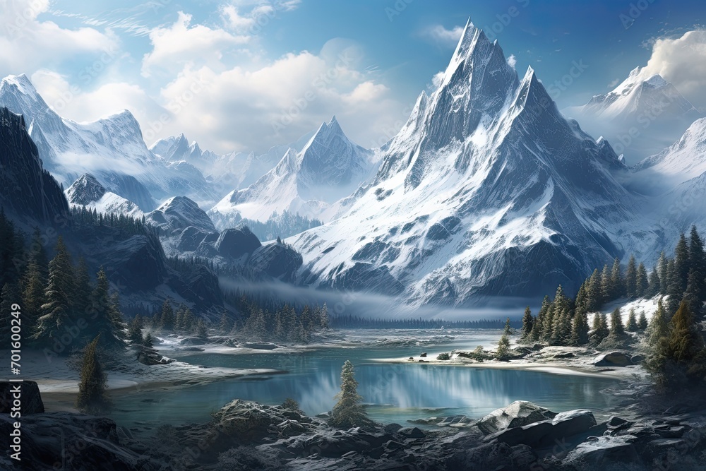 Sticker fantastic winter landscape with lake and snow-capped peaks, ai generated