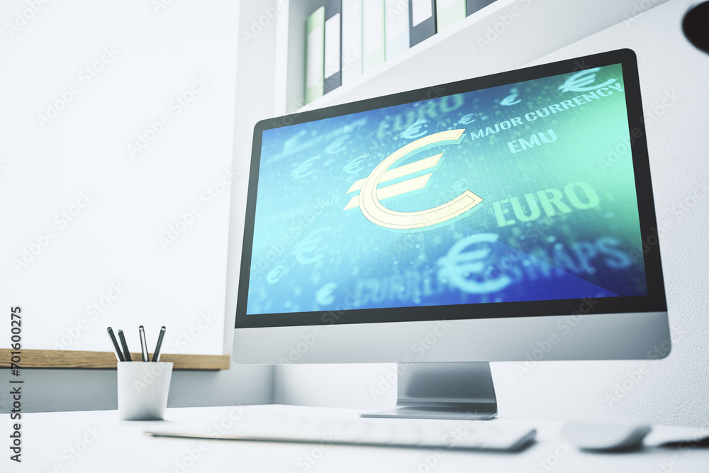 Poster creative euro symbols illustration on modern computer monitor, forex and currency concept. 3d render
