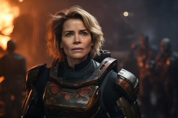 Fototapeta na wymiar Portrait of a woman cosmonaut in armor on a dark background.