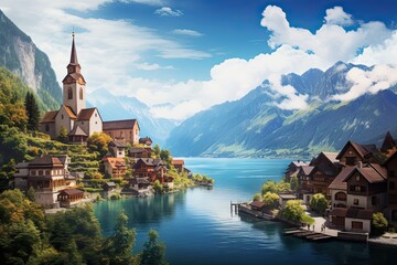 Fototapeta premium Lake Como, Italy. Panoramic view of Lake Como in autumn, AI Generated