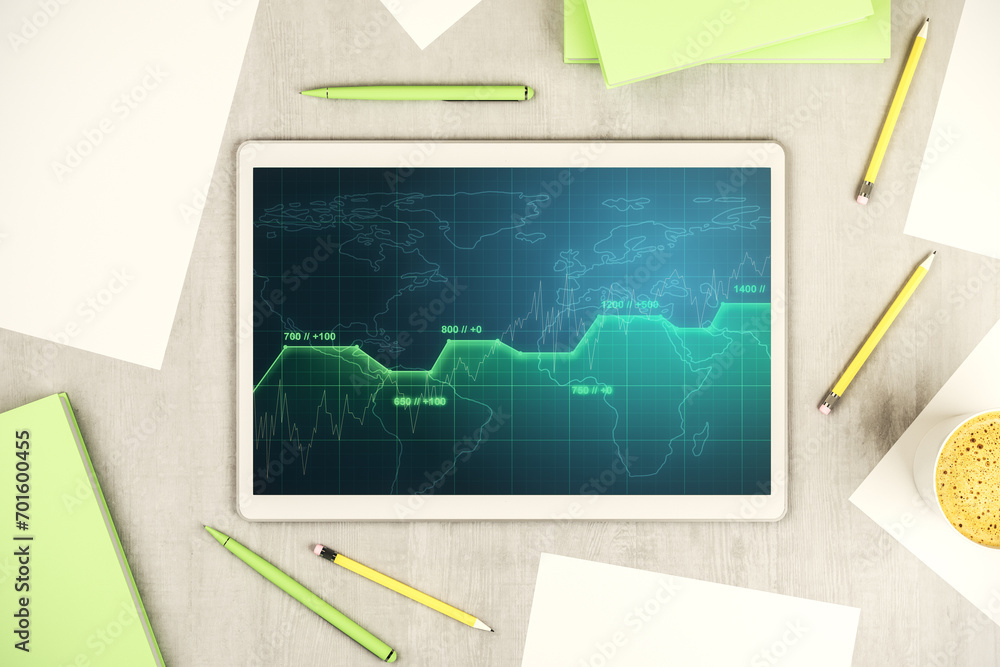 Fototapete abstract creative stats data concept on modern digital tablet screen. top view. 3d rendering