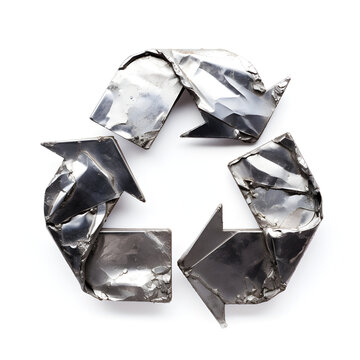 Recycle logo made out of aluminum. Represents recycling metal. 