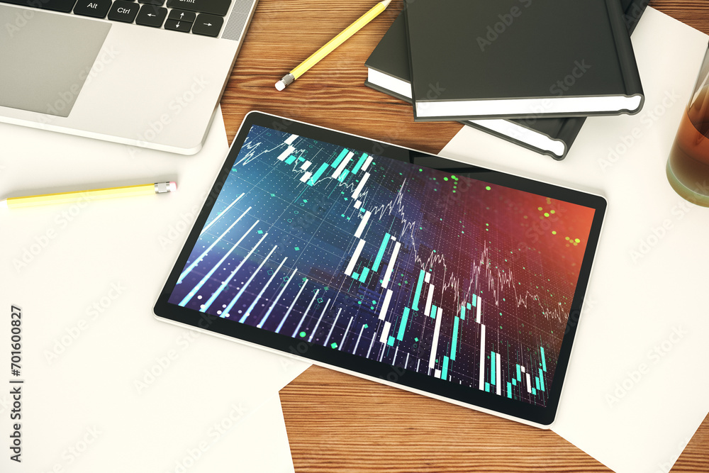 Poster modern digital tablet display with abstract financial graph, financial and trading concept. top view