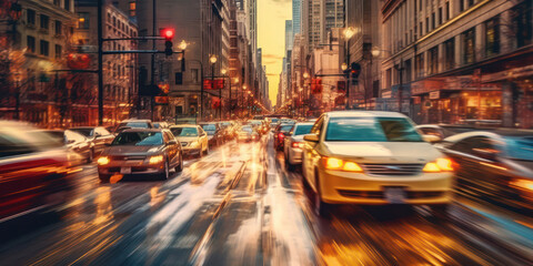 Motion blur with cars in movement street scene in downtown.