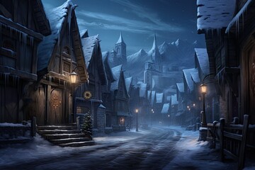 Fantasy winter landscape with old town and moon. 3D rendering, AI Generated - obrazy, fototapety, plakaty