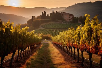 Sunset over vineyards in Chianti region, Tuscany, Italy, AI Generated