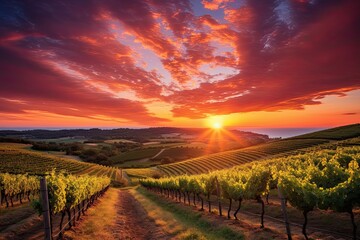 Naklejka premium Sunset over vineyard in Chianti, Tuscany, Italy, AI Generated