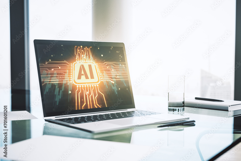 Poster creative artificial intelligence symbol concept on modern laptop screen. 3d rendering