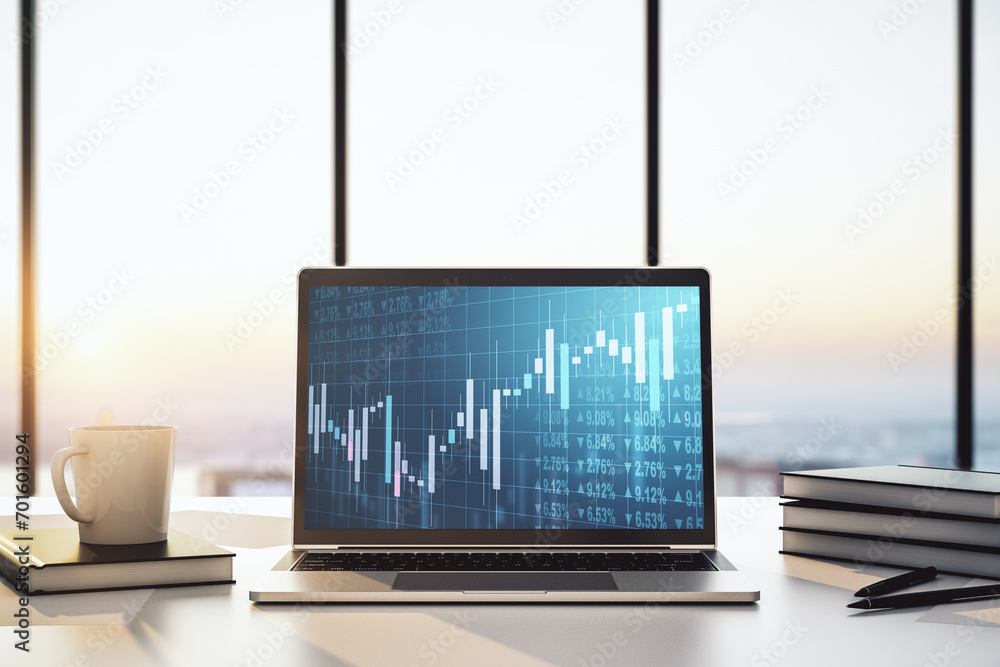 Poster modern computer screen with abstract creative financial chart, research and analytics concept. 3d re