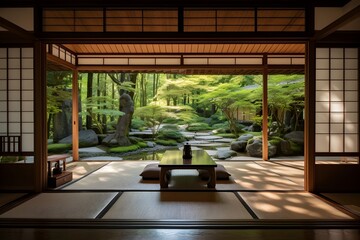 Modern living room and japanese garden