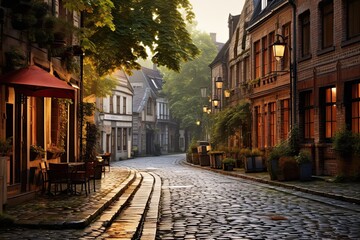 Old street in the old town of Bruges, Belgium, AI Generated - obrazy, fototapety, plakaty